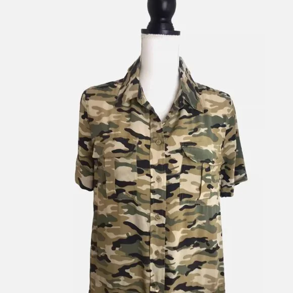 Equipment Femme 100% Silk Shirt Dress Remy Utility Pockets Camo Camouflage Small - Picture 5 of 11